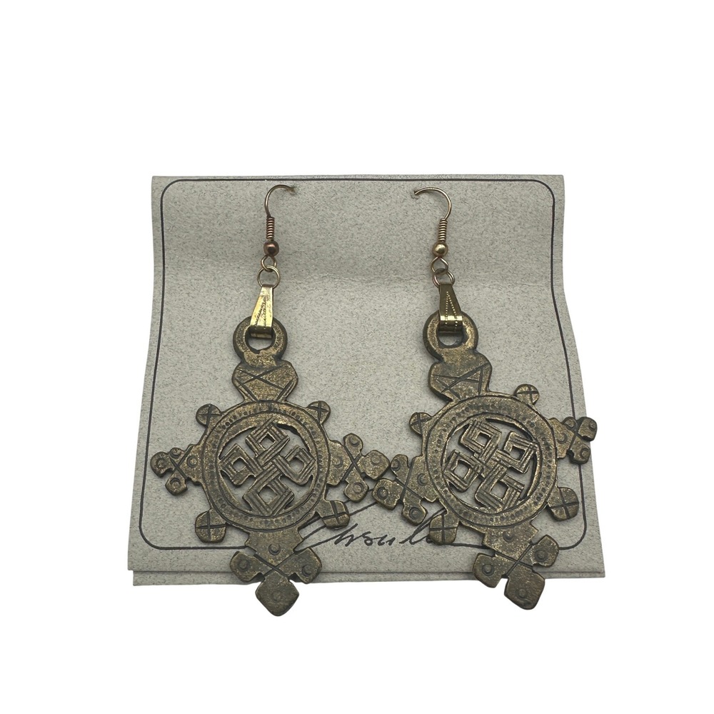 Vintage Ursula Handmade Coptic Cross Earrings Antique Bronze Tone BC Canada